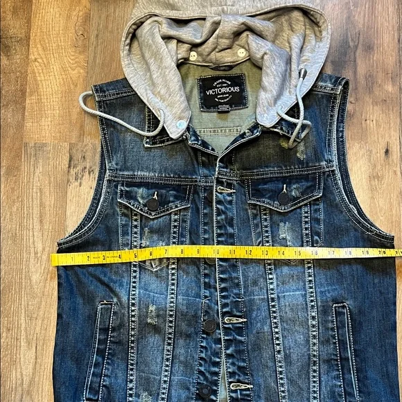 Victorious Blue Denim Vest with Removable Gray Hood - Picture 9 of 10